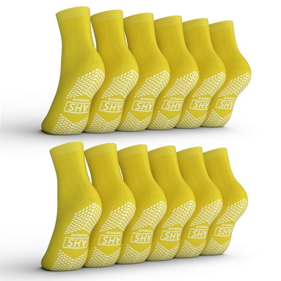 AHS Premium Hospital Socks with Grippy Anti-Slip Tread | Yellow Medium Double Tread Socks | Safety, Soft Polyester Socks | Gripper Socks Pack of 6 Pairs