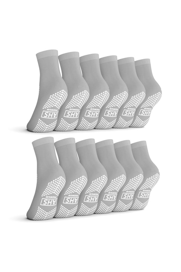 AHS Premium Hospital Socks with Grippy Anti-Slip Tread | Medium Double Gray Tread Grip Socks Polyester Socks | Gripper Socks Pack of 6 Pairs