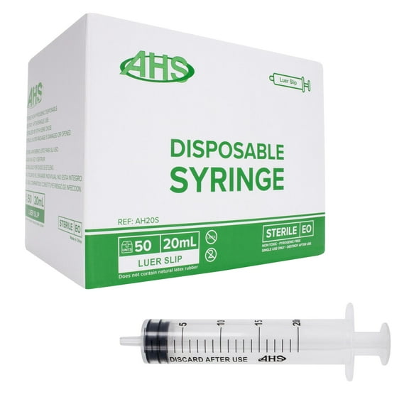 20mL Luer Slip Syringe (50Pack), Sterile, Individually Wrapped, Syringes for Liquid, Scientific Labs, Feeding Syringes for Pets, Measurement, Medicine, Dispensing, & Oral, Clear