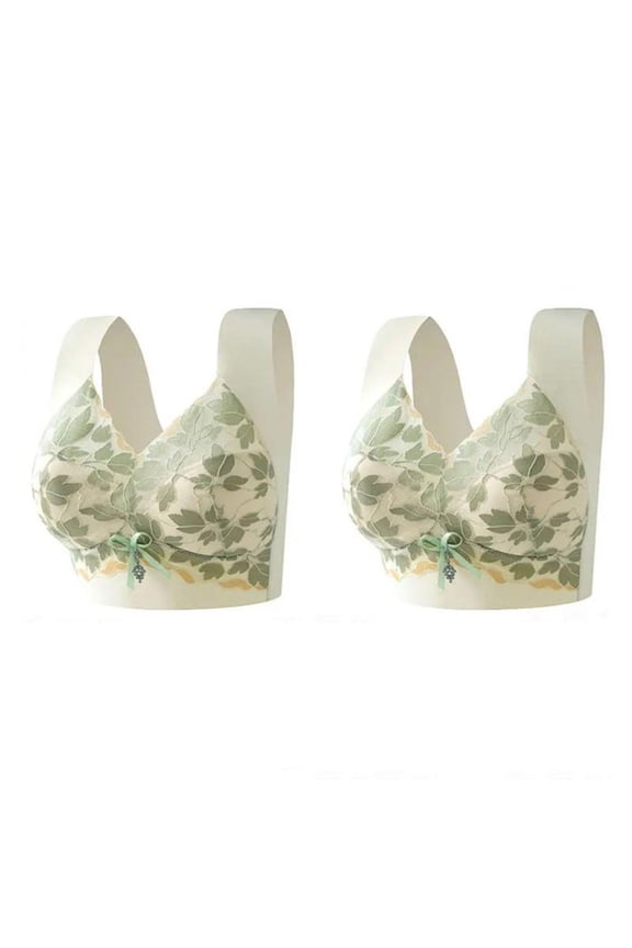 2 Pack Lace Bras for Women V Neck Floral Leaves Printed Sheer See Through Bralettes Stretch Push-Up Lingerie Tops Green#01 M