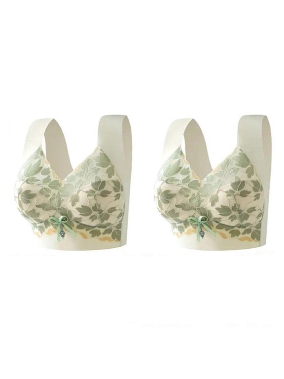2 Pack Lace Bras for Women V Neck Floral Leaves Printed Sheer See Through Bralettes Stretch Push-Up Lingerie Tops Green#01 M
