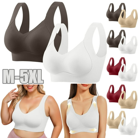 AHTJRT 2 Pack Push Up Bras for Women Full Coverage Seamless V Neck Bra No Underwire Supportive Uplifting Bralettes Plus Size Coffee#04 M