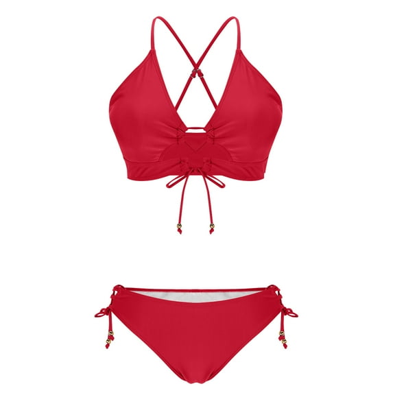 AHTJRT 2 Piece Bikini Sets for Women V Neck Cutout Crisscross Bathing Suits with Adjustable Straps Lace up High Cut Tie Side Thong Swimsuit Red M