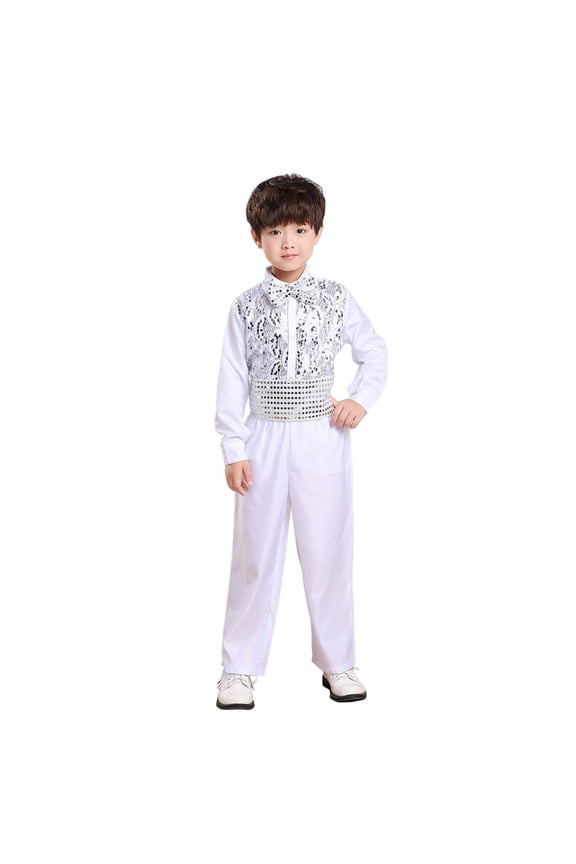 2 Piece Boys Dance Outfits Sequin Jacket Pants Set Shiny Sparkly Hip Hop Disco Costumes Role Play Party Cosplay Outifts White 12-13 Years