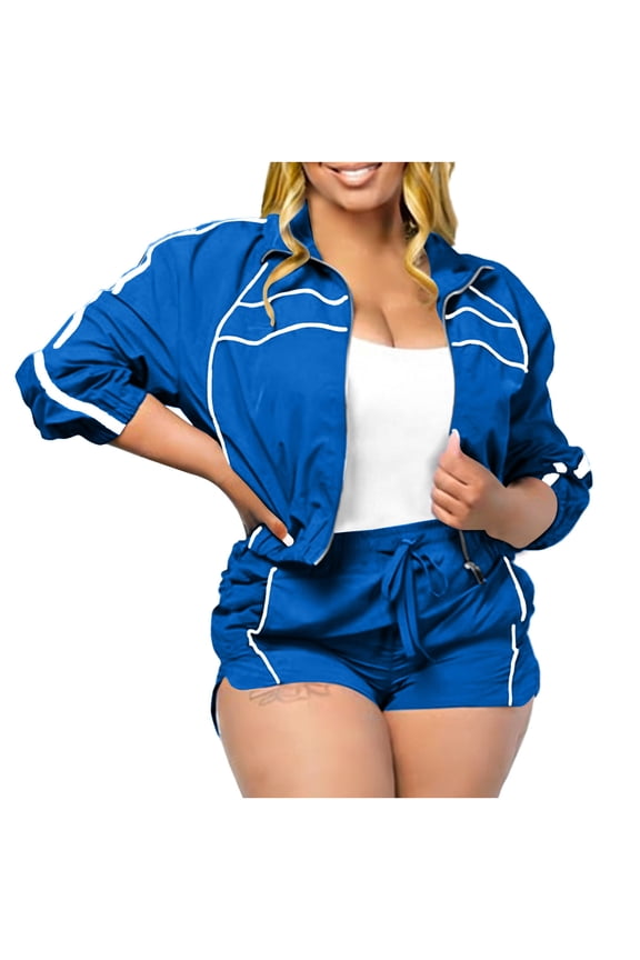 2 Piece Workout Sets for Women Lounge Activewear Tracksuit Long Sleeve Zip up Cropped Jackets Jogger Shorts Sweatsuit Sets with Pockets Blue L