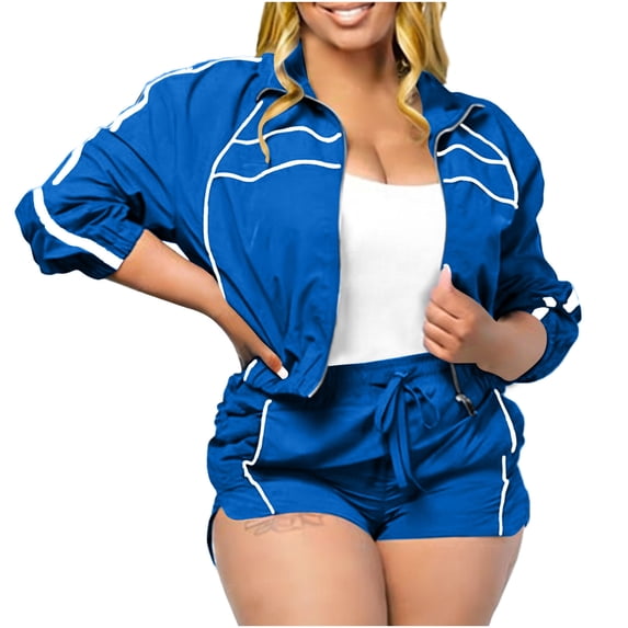 AHTJRT 2 Piece Workout Sets for Women Lounge Activewear Tracksuit Long Sleeve Zip up Cropped Jackets Jogger Shorts Sweatsuit Sets with Pockets Blue S