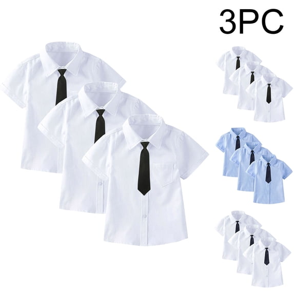 AHTJRT 3 Pack Girls Boys Short Sleeve Dress Shirts Casual Solid Color Button Down Lapel Shirts School Oxford College Style Uniforms with Matching Tie Blue#01 4-5 Years