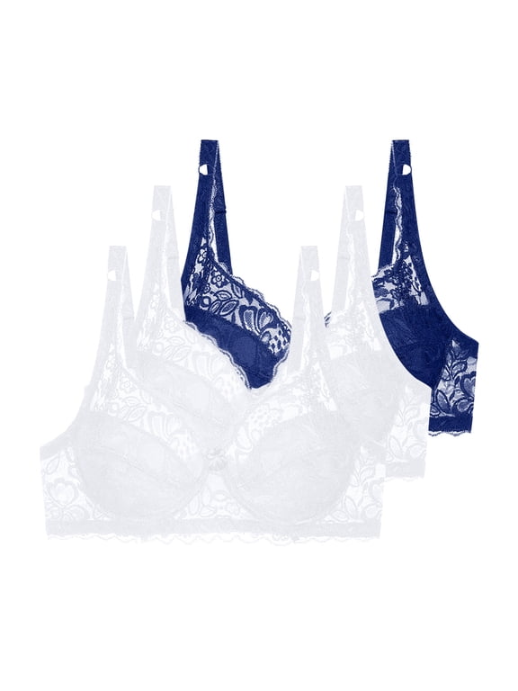 3 Pack Minimizer Bras for Women Full Coverage Lace Underwire Support Push Up Bra Plus Size Everyday Wear Lingeries Blue#01 95C