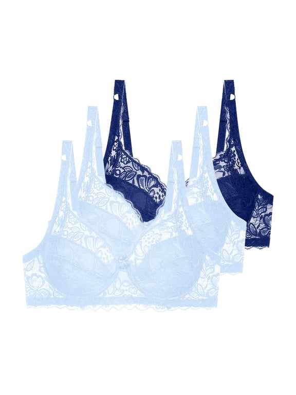 3 Pack Underwire Bras for Women Plus Size Padded Supportive Floral Lace Bras Enchante Full Coverage Large Bust Minimizer Bras Blue#02 95C