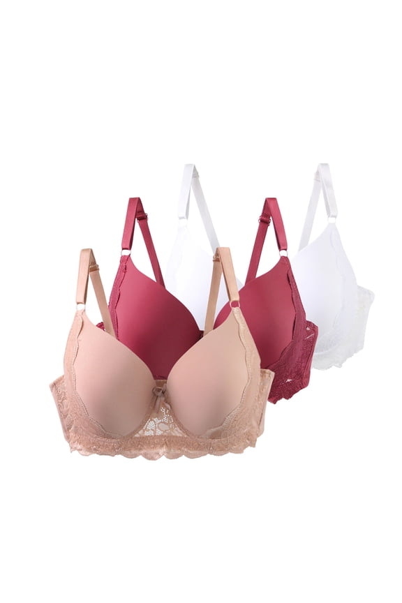 3 Pack Women's T-Shirt Bras Plunge Cleavage Supportive Underwire Bra Breathable Jacquard Sheer Mesh Bras with Adjusatble Strap C Cup Beige#10 95C