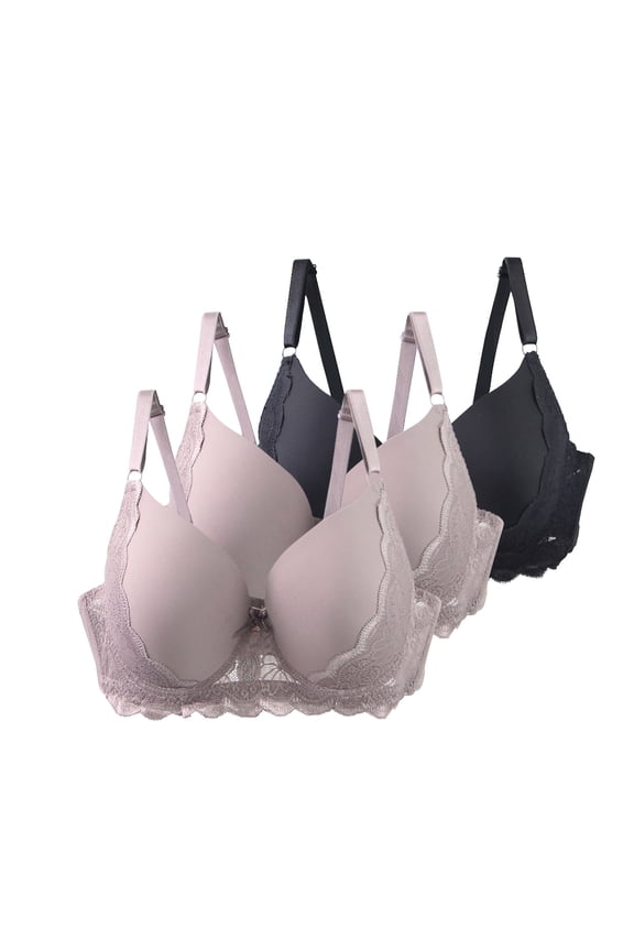 3 Pack Women's T-Shirt Bras Plunge Cleavage Supportive Underwire Bra Breathable Jacquard Sheer Mesh Bras with Adjusatble Strap C Cup Black 90C