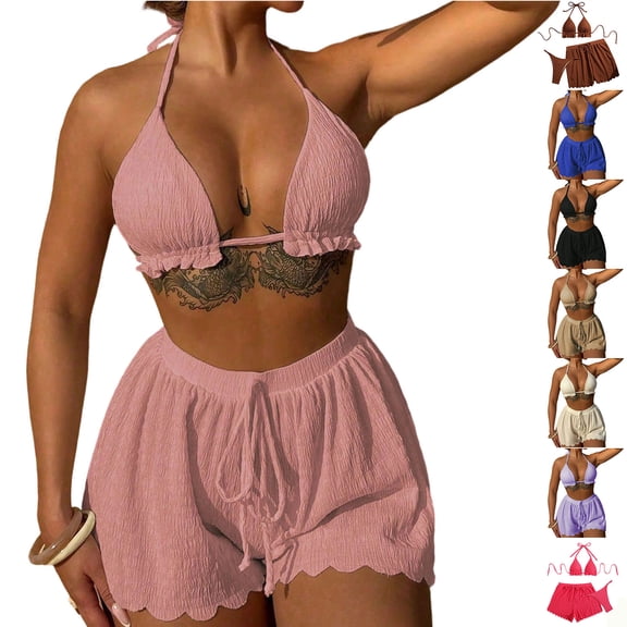 AHTJRT 3 Piece Swimsuits for Women Comfy Triangle Bikini Sets,Elastic High Waisted Cover up Shorts Bathing Suit for Beach Vacation White M