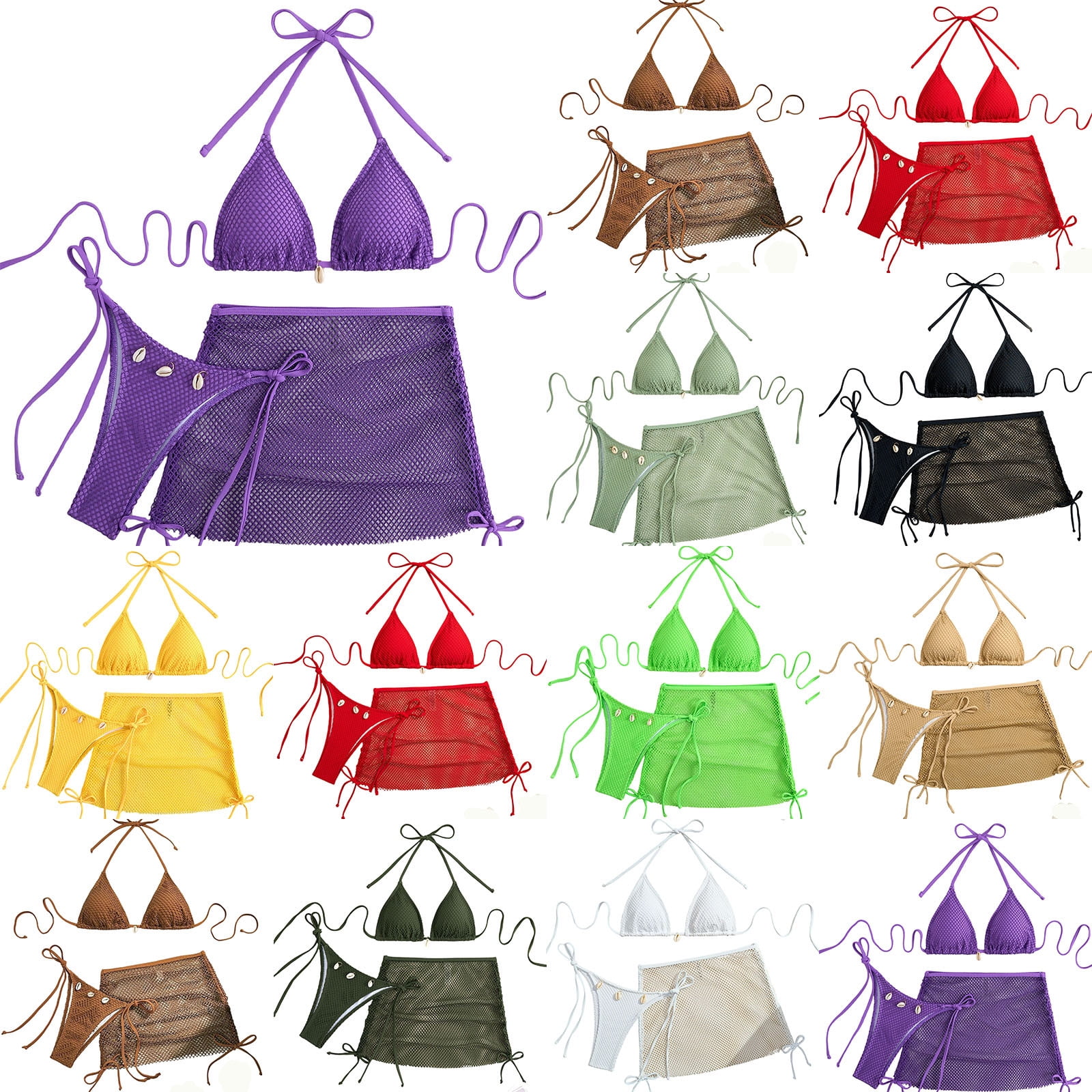 AHTJRT 3 Pieces Swimsuit for Women Mesh Fishnet Tie Side Triangle ...