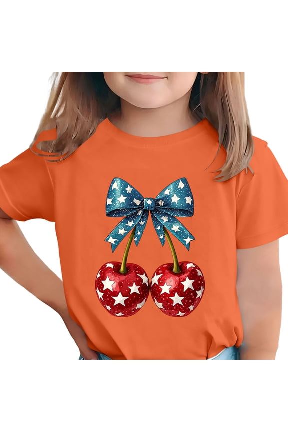 4th of July Tshirts for Girl Crewneck Tees Short Sleeve Fashion Strawberry Patterns Printed Shirts Casual Outdoor Athleisure Blouse Tops Orange 5-6 Years