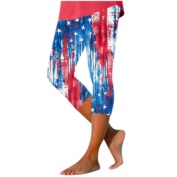 AHTJRT 4th of July Leggings for Women American Flag High Waisted Workout Yoga Cropped Leggings USA Stretchy Buttery Soft Capri Leggings Blue#18 L