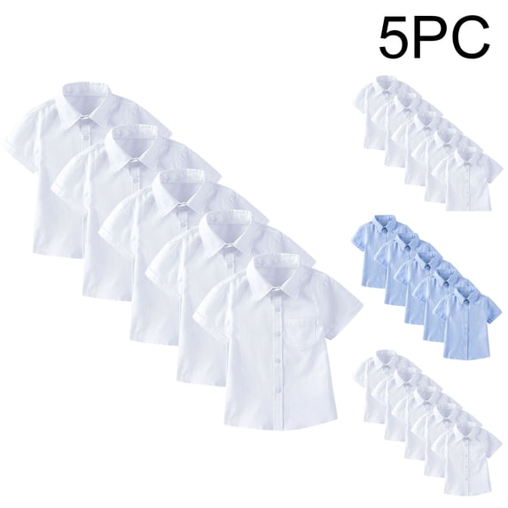 AHTJRT 5 Pack Girls Boys Uniform Shirts Kids Short Sleeve Oxford Button Down Dress Shirt Lapel Tops Casual Solid Color Formal School Uniforms Outfits Black 6-7 Years