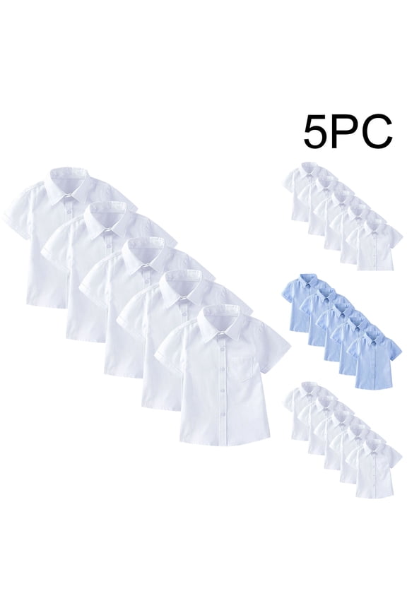 5 Pack Girls Boys Uniform Shirts Kids Short Sleeve Oxford Button Down Dress Shirt Lapel Tops Casual Solid Color Formal School Uniforms Outfits White 12-13 Years