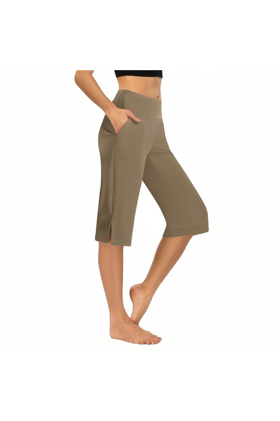 Athletic Capri Pants for Women Stretchy High Waisted Pants with Pockets Dressy Casual Spring Summer Workout Gym Yoga Trousers Khaki S