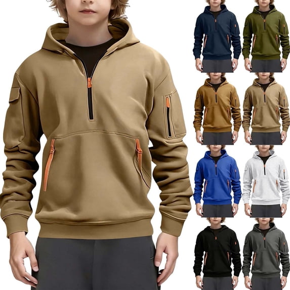 AHTJRT Athletic Sweatshirt for Boys Quarter Zip Kangaroo Pockets Hoodie with Arm Zipper Fashion Solid Fall Spring Workout Running Trainning Tops Blue 7-8 Years