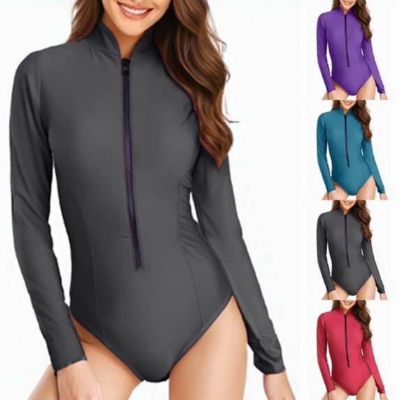 AHTJRT Athletic Swimsuit for Women Slimming Zip-Up Beach Surfing Jumpsuit Mock Neck Long Sleeve Summer Sun Protection Bathing Suit Red S
