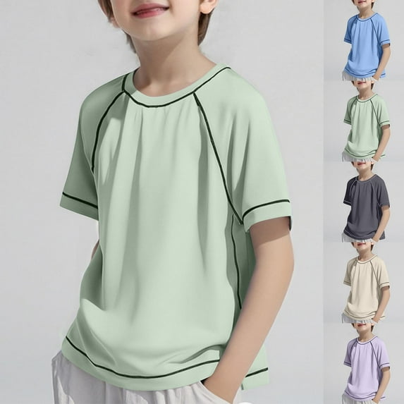 AHTJRT Athletic Tshirts for Boys Girls Short Sleeve Crewneck Tee Tops Loose Fit Breathable Silky Solid Color Basic Tops for Sports Loungewear Gray 5-6 Years