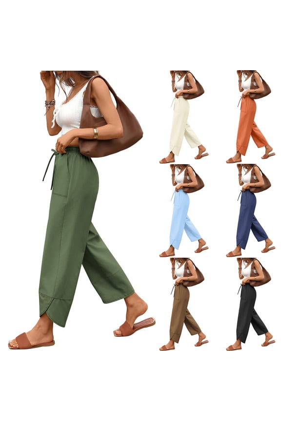 Baggy Wide Leg Pants for Women Casual 7/8 Ankle Length Cotton Linen Pants with Pockets Drawstrings Elastic Waist Trousers Brown S