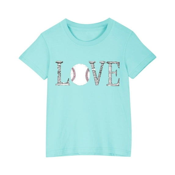 AHTJRT Baseball Shirts for Girls Boys Love Letters Printed Tee Shirt Crew Neck Short Sleeve Tops Athletic Workout Running Tee Tops Light Blue 5 Years