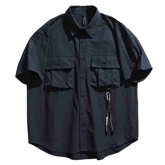 AHTJRT Big Tall Men's Casual Short Sleeve Button Down Shirt Lightweight Relaxed Fit Cargo Chest Pockets Front Zipper Detail Tees Black 3XL