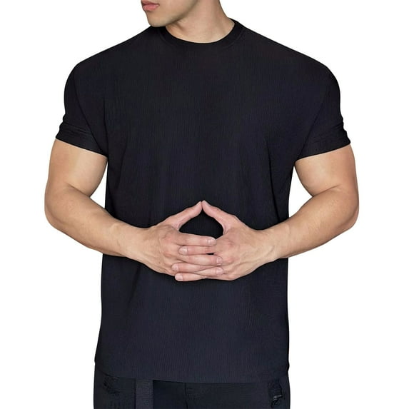 AHTJRT Big Tall Men's Casual Short Sleeve Crew Neck T Shirt Ribbed Texture Classic Fit Soft Tees Black M