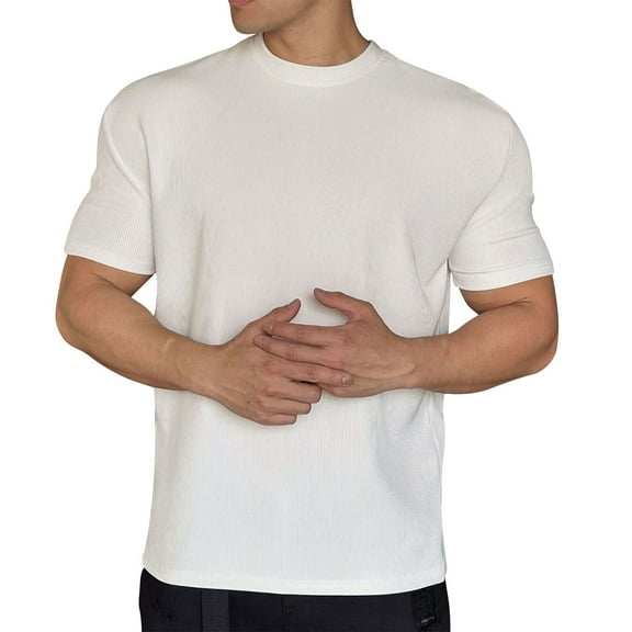 AHTJRT Big Tall Men's Casual Short Sleeve Crew Neck T Shirt Ribbed Texture Classic Fit Soft Tees White 3XL