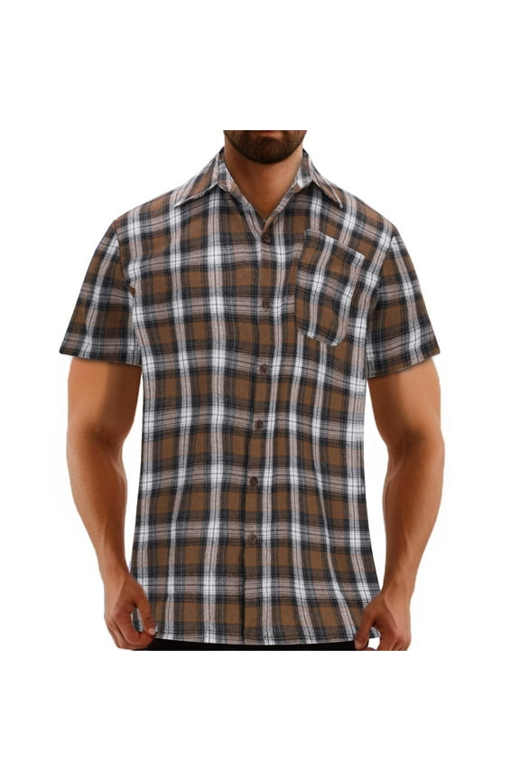 Big Tall Men's Casual Short Sleeve Plaid Button Down Shirt Classic Fit Chest Pocket Tees Coffee 3XL