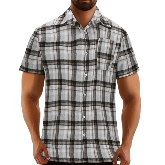 AHTJRT Big Tall Men's Casual Short Sleeve Plaid Button Down Shirt Classic Fit Chest Pocket Tees Gray S