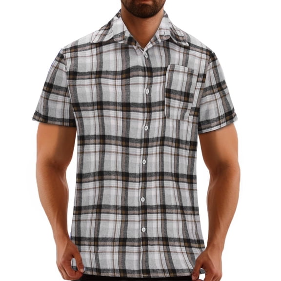 AHTJRT Big Tall Men's Casual Short Sleeve Plaid Button Down Shirt Classic Fit Chest Pocket Tees Gray XL