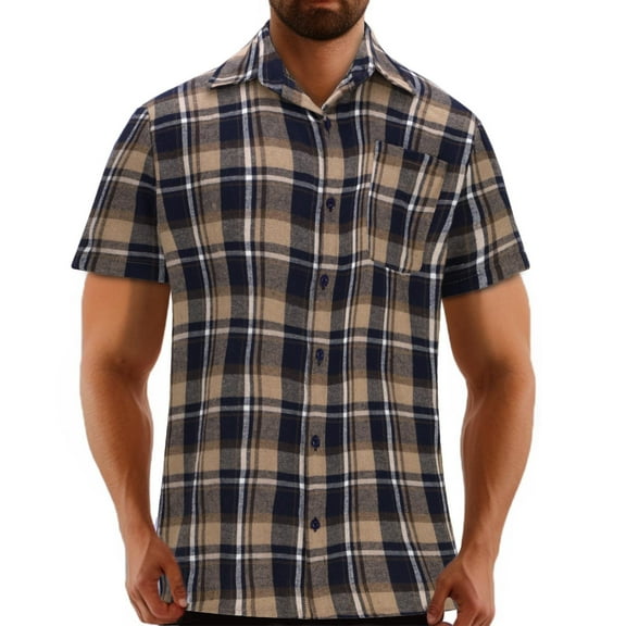 AHTJRT Big Tall Men's Casual Short Sleeve Plaid Button Down Shirt Classic Fit Chest Pocket Tees Navy 2XL