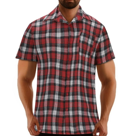 AHTJRT Big Tall Men's Casual Short Sleeve Plaid Button Down Shirt Classic Fit Chest Pocket Tees Red M