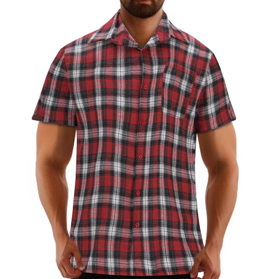 AHTJRT Big Tall Men's Casual Short Sleeve Plaid Button Down Shirt Classic Fit Chest Pocket Tees Red S