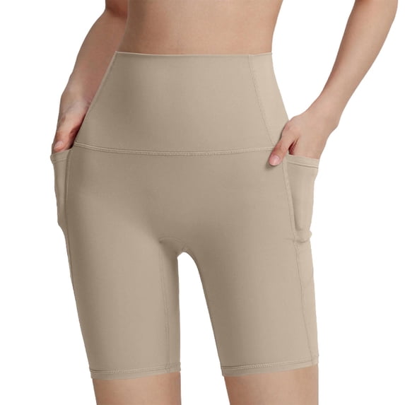 AHTJRT Biker Shorts for Women High Waist Yoga Workout Shorts Tummy Control Buttery Soft Stretchable Capri Leggings with Pockets Khaki L