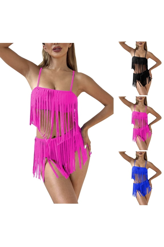 Bikini Sets for Women Cheeky Fringe Hem Tube Top Tankinis and High Waist Bottoms 2 Piece Swimsuit Vacation Beach Pool Party Bathing Suits Blue M