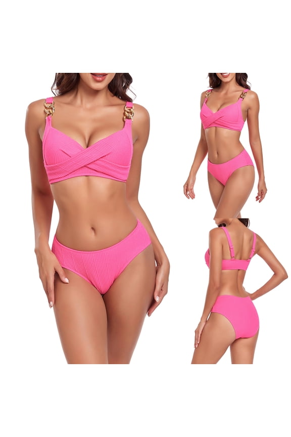 Bikini Sets for Women Twsit Front Textured Tops with Metal Chain Linked and Tummy Control High Waisted Bottoms Swimwear Two Piece Bathing Suits Pink XL