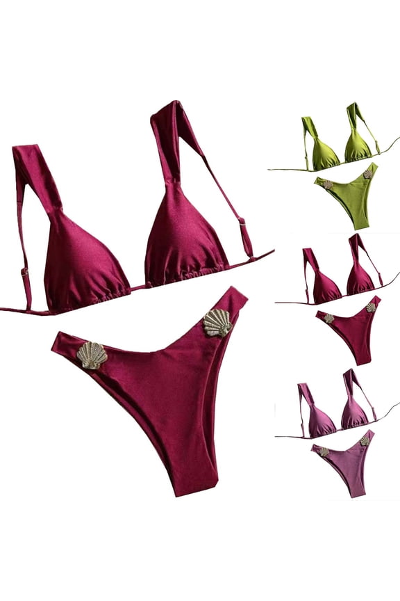 Bikinis for Women 2 Piece High Cut Spaghetti Strap Swimsuits Solid Seashell Embroidered Bathing Suit Padded Triangle Swimwear Green S