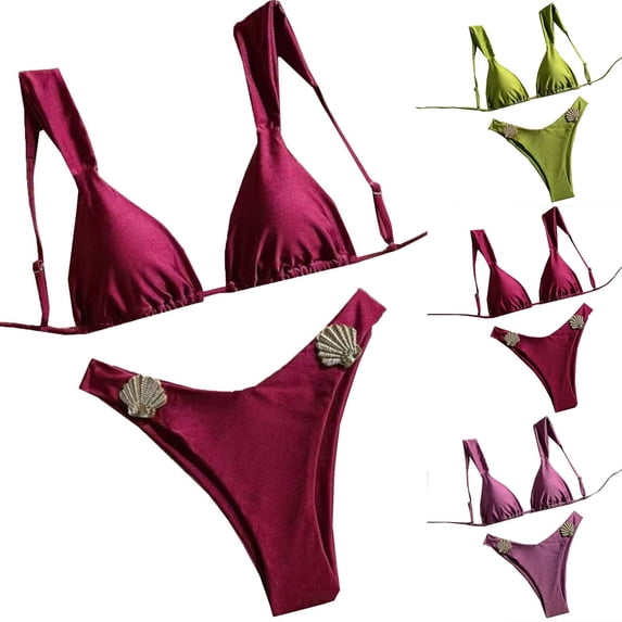 AHTJRT Bikinis for Women 2 Piece High Cut Spaghetti Strap Swimsuits Solid Seashell Embroidered Bathing Suit Padded Triangle Swimwear Purple XL