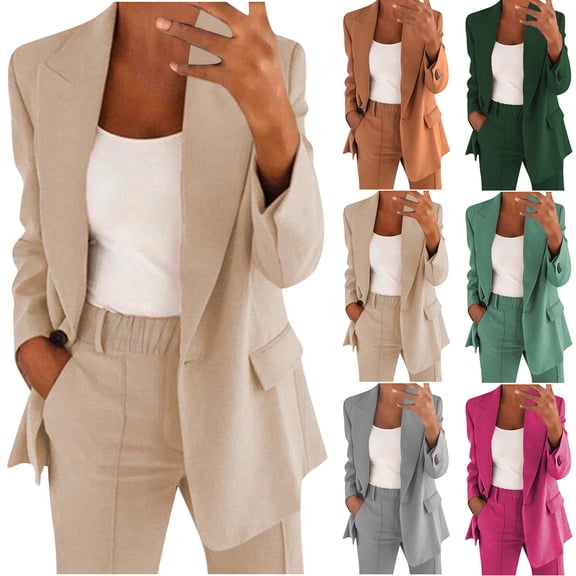 AHTJRT Blazer Sets for Women 2 Piece Outfits Plus Size Ladies Work Business Casual Long Sleeves Lapel Top Straight Leg Pants Suits Green#04 L