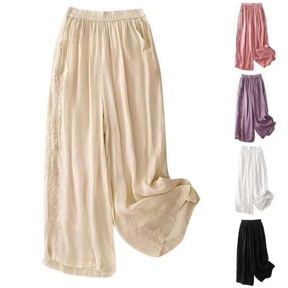 AHTJRT Boho Wide Leg Pants for Women Baggy Elastic Waist Lace Floral Print Trousers with Pockets Casual Spring Summer Loungewear Pants Pink L