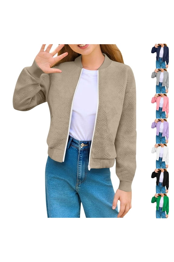 Bomber Jacket for Girls Slim Full Zip Long Sleeve Mock Neck Outerwear Knitted Jacket Lightweight Fall Spring Fashion Coats White 13-14 Years