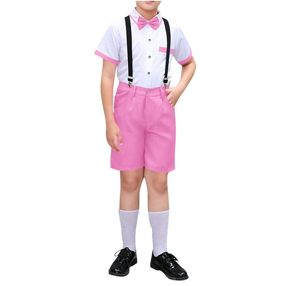 AHTJRT Boy Formal Suit Short Sleeve Shirts and Shorts Suspenders Suit Set 2 Pieces Party Prom Wedding Clothes Suit Pink 9-10 Years