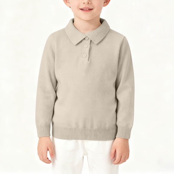 AHTJRT Boy's Cable Knit Sweater Solid Color Lapel Quarter Button Pullover Fall Winter Warm Soft Lightweight Stretchy Tops Beige 6-7 Years