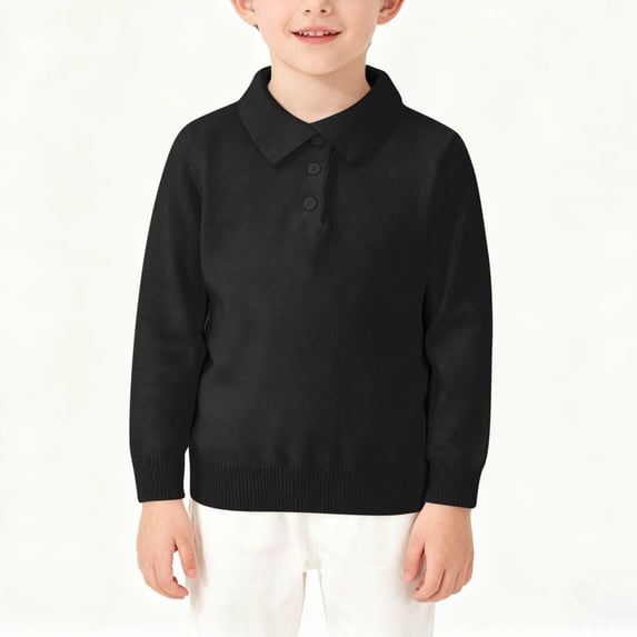 AHTJRT Boy's Cable Knit Sweater Solid Color Lapel Quarter Button Pullover Fall Winter Warm Soft Lightweight Stretchy Tops Black 4-5 Years