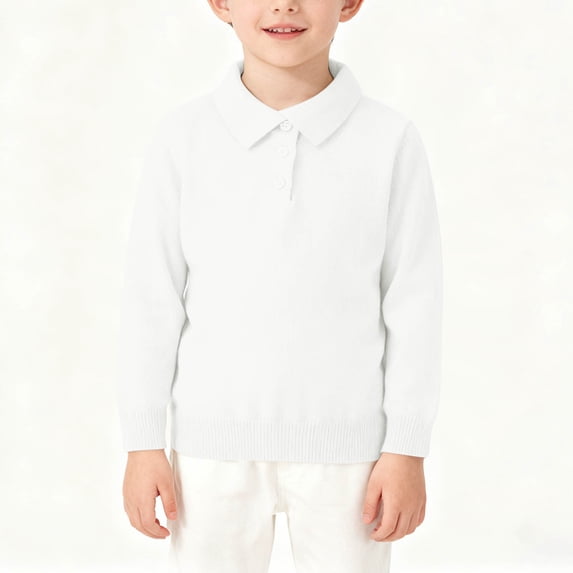 AHTJRT Boy's Cable Knit Sweater Solid Color Lapel Quarter Button Pullover Fall Winter Warm Soft Lightweight Stretchy Tops White 9-10 Years
