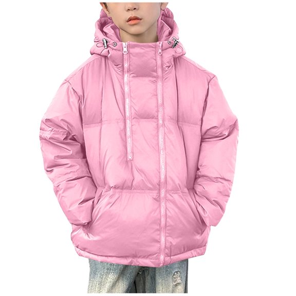 AHTJRT Boy's Girl's Puffer Coat Winter Warm Midweight Solid Color Jackets with Pockets Oversized Full Zip Drawstrings Hoodie Shacket Pink 5-6 Years