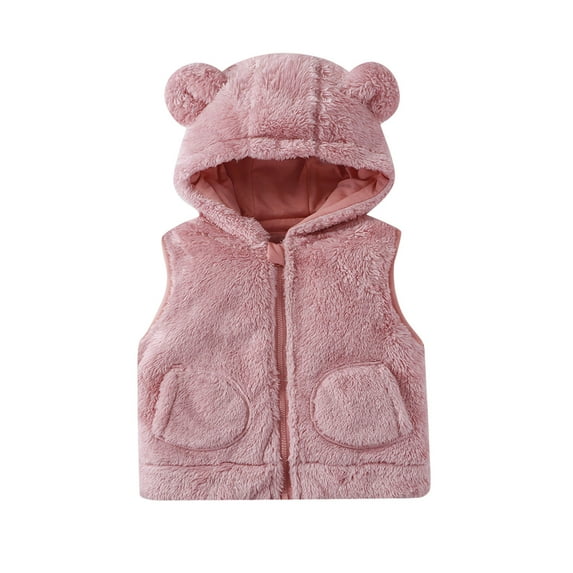 AHTJRT Boy's Girl's Sherpa Fleece Vest Bear Ears Shape Full Zip Hooded Winter Warm Lightweight Windproof Sleeveless Jacket Pink 1-2 Years